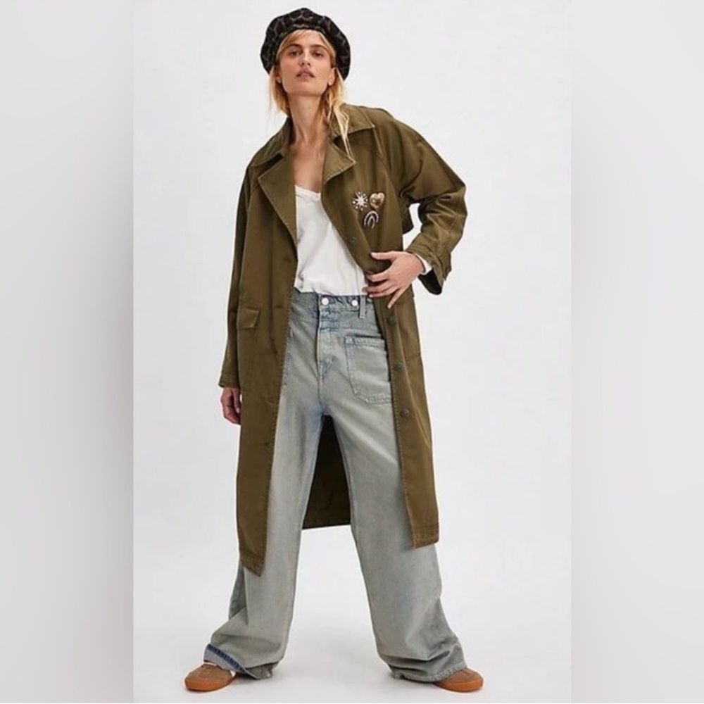Free People We the Free Perry Military Duster Trench Coat in Army/Olive
